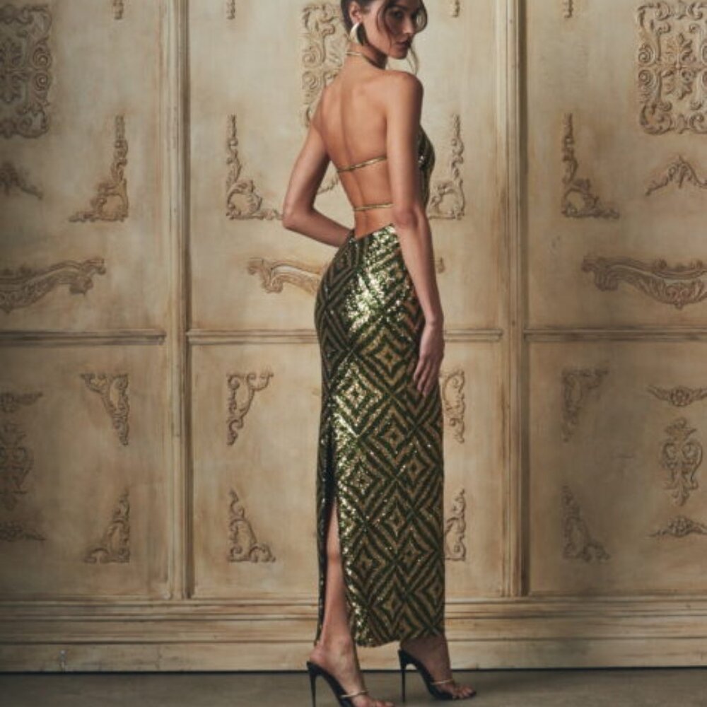 Camila Coelho Isaura Maxi Dress, in Green & Silver, Size Small